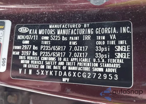 2012 Kia Sorento Lx z USA, uszkodzony, nr VIN 5XYKTDA6XCG272953